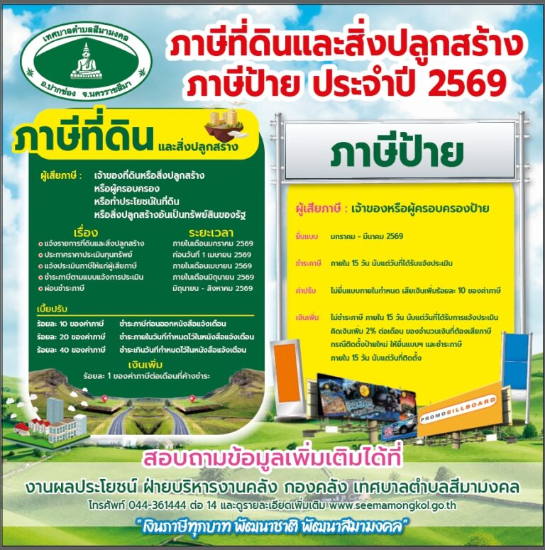 ภาษีที่ดินและสิ่งปลูกสร้าง ภาษีป้าย ประจำปี 2569