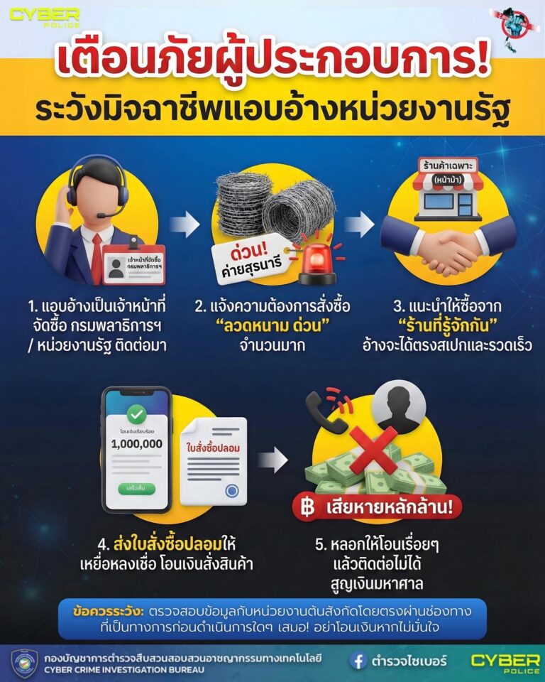 เตือนภัย! ผู้ประกอบการต้องระวัง “มิจฉาชีพ” แอบอ้างชื่อกรมพลาธิการทหารบก/หน่วยงานรัฐ หลอกสั่งซื้อสินค้า